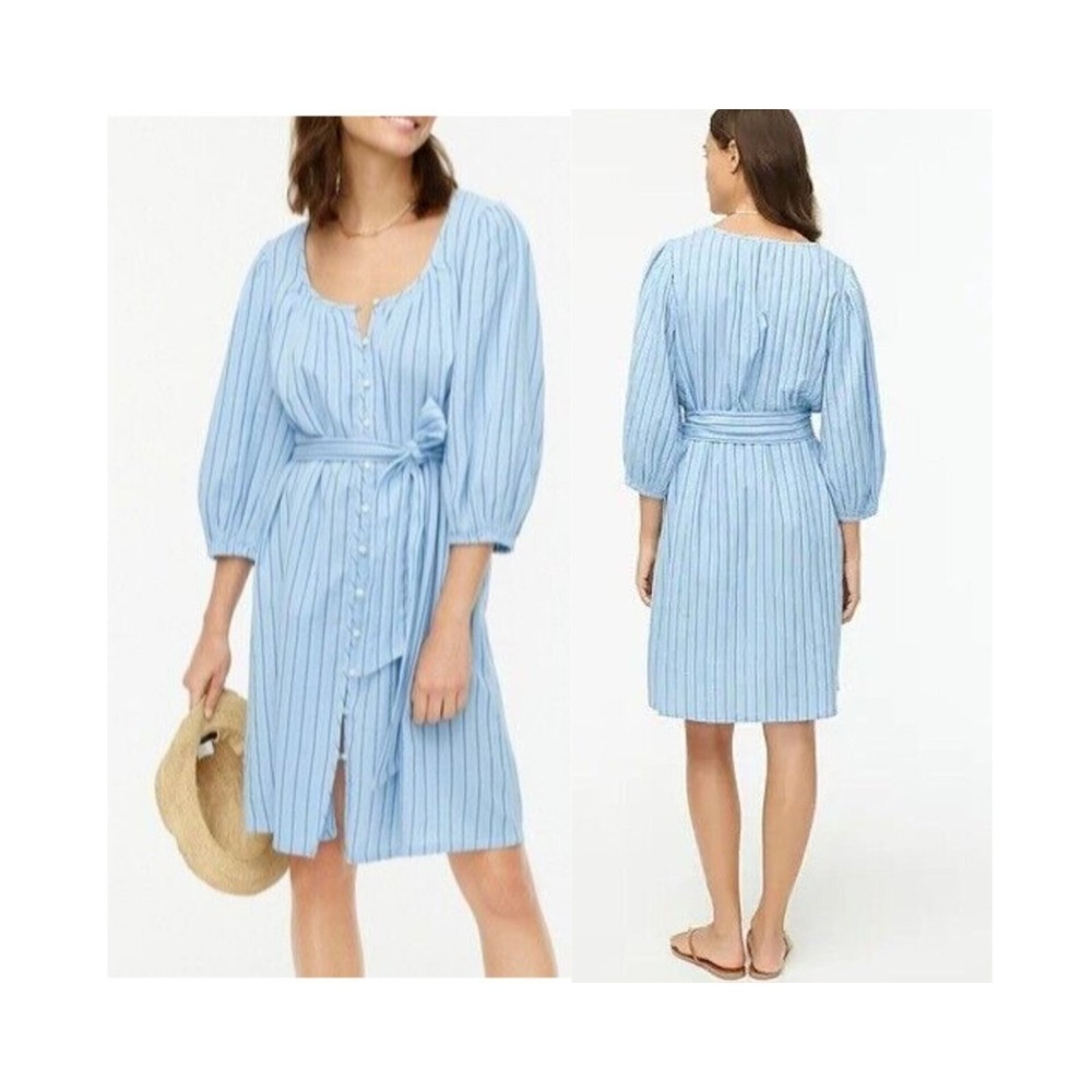 J.Crew Balloon-Sleeve Blue Stripe‎ Dress S Button Front Cotton Tie Waist Coastal